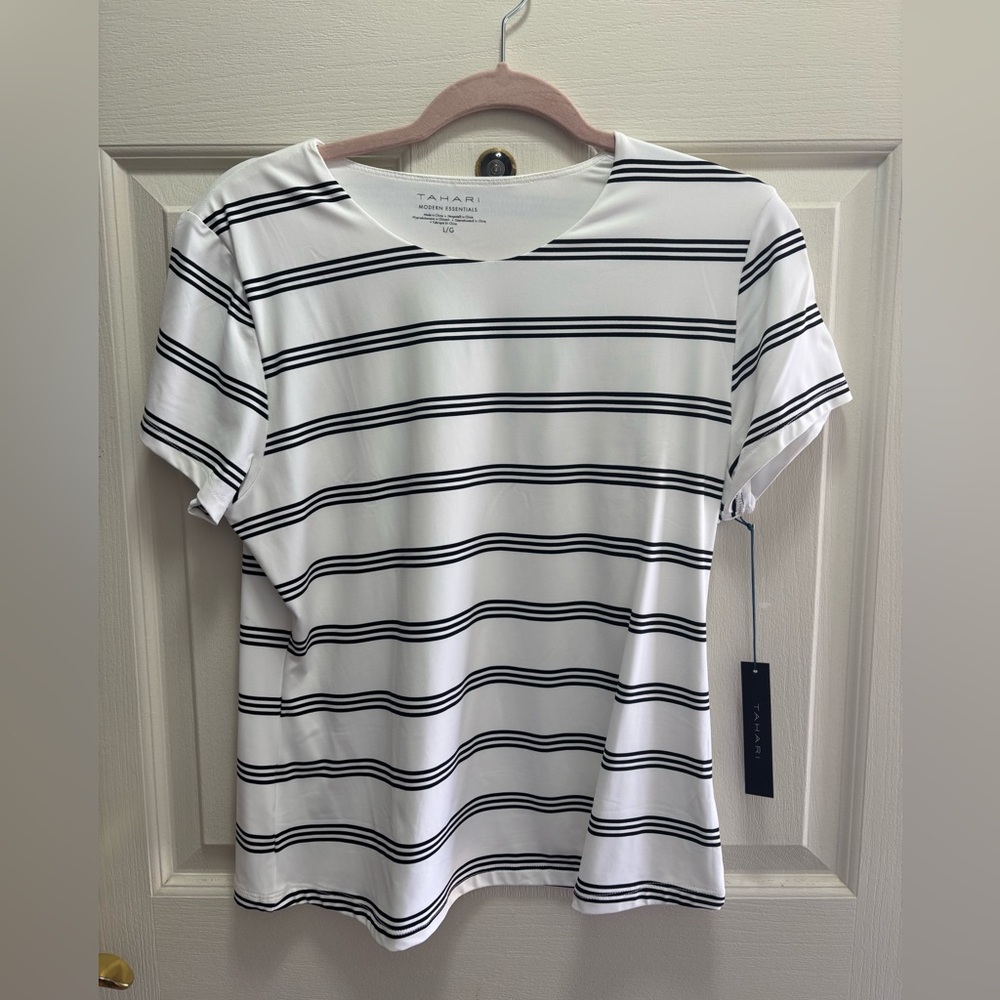Tahari Black and White Striped Short Sleeve Tee